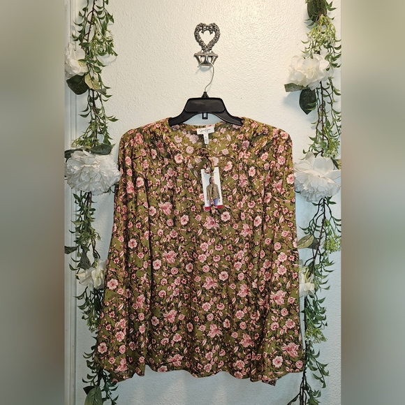 Jessica Simpson XL olive and pink blouse - Picture 1 of 4